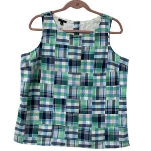 Talbots Womens Sz Large Petite Green & Blue Madras Plaid Patchwork Tank Top